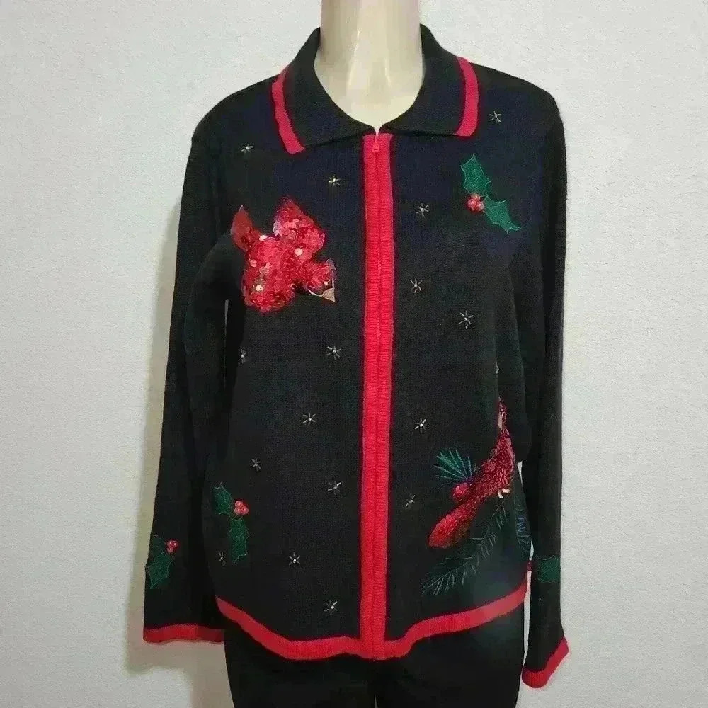 Jason Maxwell Zip Up Cardigan Sweater Christmas Sequin Birds Mistletoe Size M